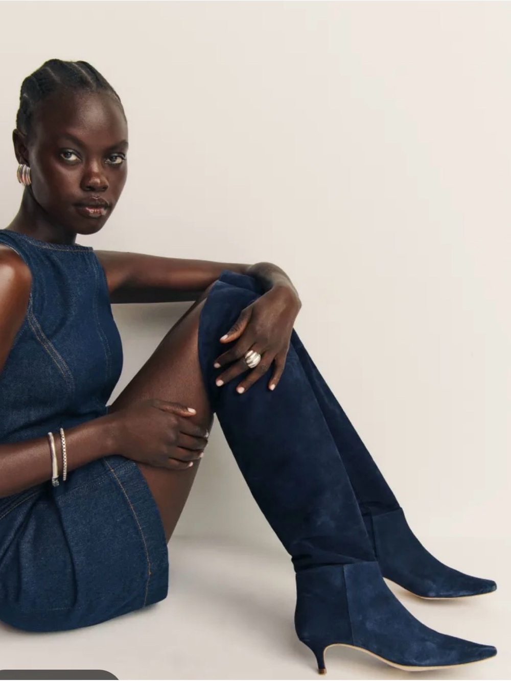 🆕 Reformation Navy Suede Over-the-Knee Pointed-Toe Kitten Heel Boots Roxanne